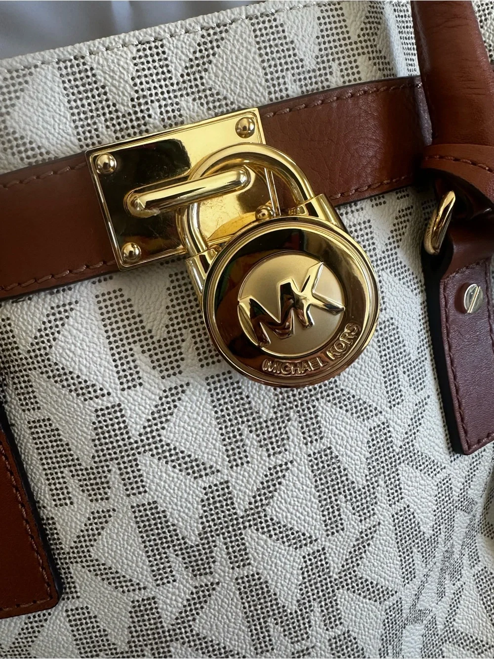 Michael Kors Cream Signature MK Satchel with Brown Leather Trim